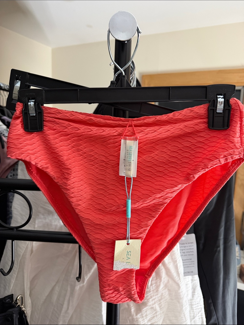 High-Waist Textured Bikini Bottoms in Coral Red
